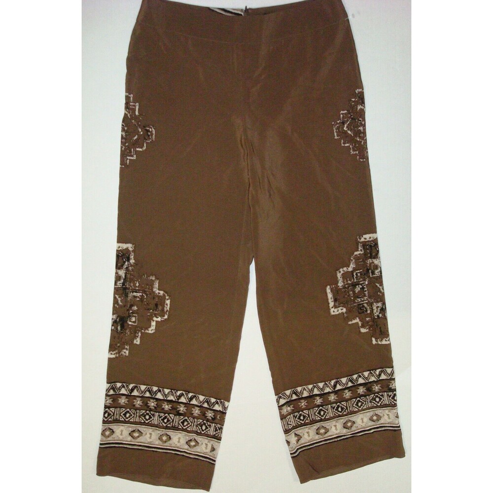 Womens Worth New York $498 4 USA Print Silk Pants Brown White Wide Ethnic Trim